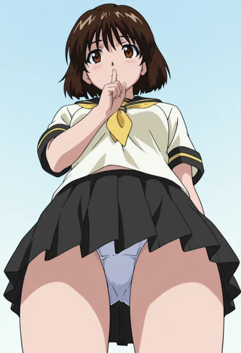 masterpiece, best quality, amazing quality, anime coloring, anime screencap, solo, 1girl,  <lora:DX888KoishiIL:1> herikawa koishi, brown hair, short hair, brown eyes, serafuko, yellow neckerchief, black skirt BREAK ( simple background:1.3),   blue backgrou...