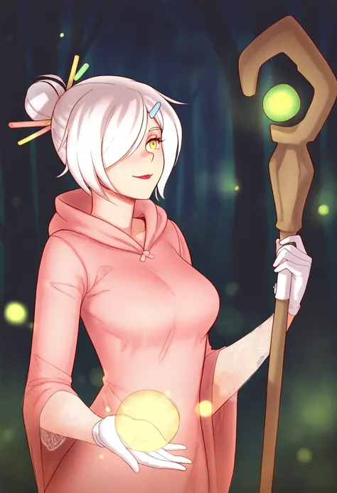 1girl, bun_head, white hair, hair over one eye, yellow eyes, medium breasts, china hairpins, red lips,
holding staff, witch clothes, pink silk robe, lace sleeves,
forest, flying fireflies, night,
smile, gloves , casting spell, upper body,
side view,
 <lora...