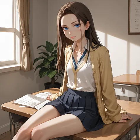 embedding:zPDXL ,score_9, score_8_up, score_8,expresesiveh,detailed eyes、detailed face,detailed skin, subsurface scattering,ffacedetailxl,

1girl,indoor, bedroom, 


keiAmaneXL, long hair,brown hair, blue eyes,

school uniform, yellow cardigan, skinny, sma...