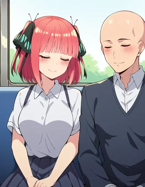 score_9, score_8_up, score_7_up, source_anime, <lora:nnakano-s2-ponyxl-lora-nochekaiser:1>, short hair, bangs, hair ornament, hair ribbon, pink hair, blunt bangs, two side up, butterfly hair ornament, large breasts,, <lora:leaning-on-person-side-by-side-po...