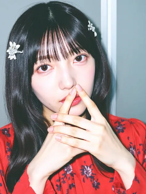 The image is a young woman named konishi with long dark hair. She is wearing a red blouse with a floral pattern and has two silver hair clips on her head. Her hair is styled in loose waves and thin fingers. Her fingers are very slender and she touches her ...