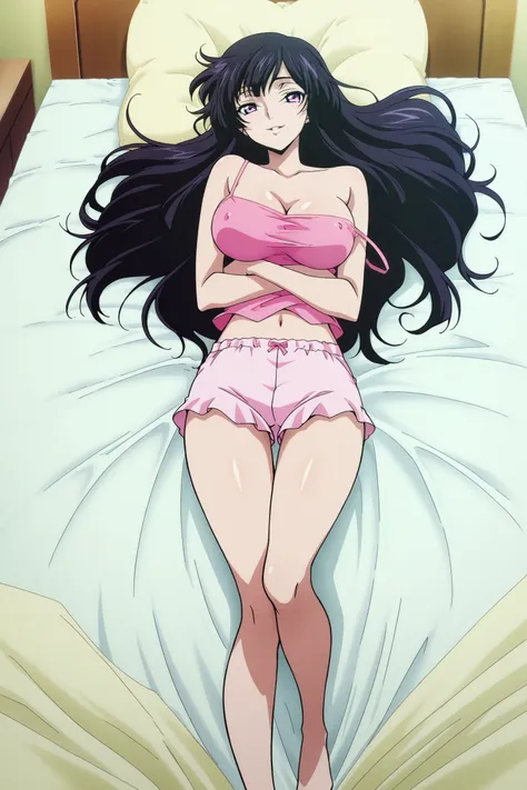 anime coloring, screencap, anime screencap, masterpiece, detailed face,
in a bedroom, on a bed,
 <lora:Sakuya_Sumeragi_Code_Geass_Rozé_of_the_Recapture_-_Illustrious:1>Sakuya pink tanktop and short outfit, 1girl, solo, long hair, black hair, large breasts,...