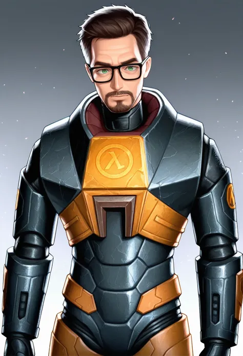 masterpiece, best quality, hires, absurdres, newest, 1boy, solo, male focus, <lora:gordonfreeman-hl-richy-v1_ixl:1>  gordonfreeman, brown hair, short hair, facial hair, glasses, green eyes, power armor