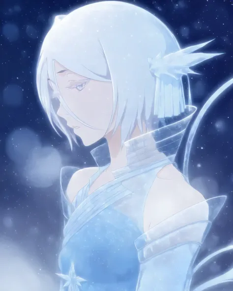 bootyattack_rukiabankai, short hair, hair ribbon, collared dress, double-parted bangs, see-through cloth, translucent, hair between eyes,  bare shoulders, blue dress, back ribbon, long sleeves, seductive, solo, sfw, white hair, parted lips, steam, snow, sn...