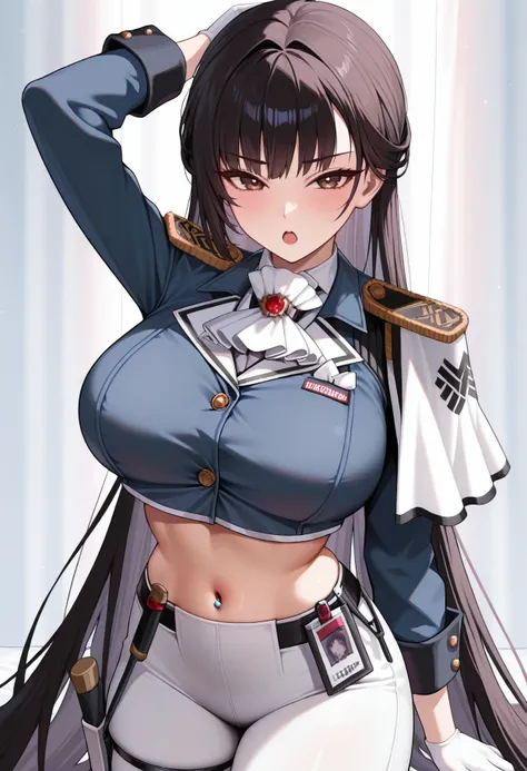 masterpiece, best quality, hires, absurdres, newest, 1girl, solo, <lora:marciana-nikke-richy-v1_ixl:1> marcianadef, brown eyes, black hair, bangs, very long hair, large breasts, white ascot, epaulettes, single shoulder cape, blue jacket, name tag, long sle...