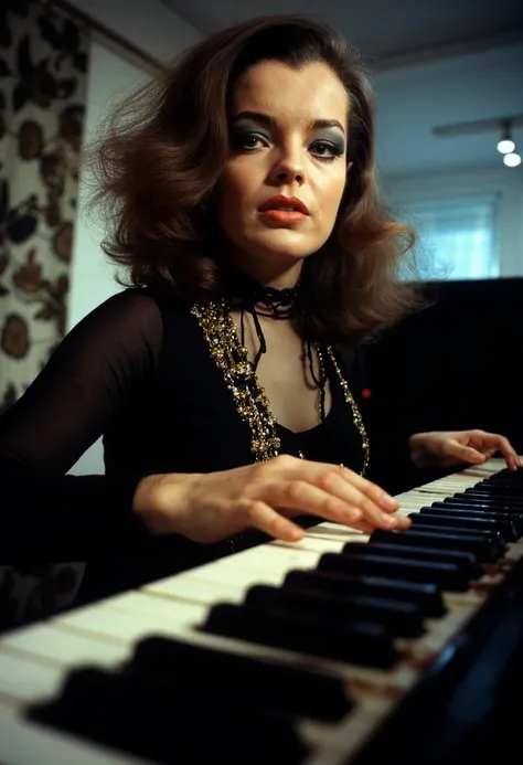 {    "T5": "A high-quality, high-resolution photo taken with a Hasselblad H3D camera, featuring Romy Schneider as the main character. The image is a face crop from the shoulders up, with Romy playing the piano. Her style is inspired by 1990s emo makeup, wi...