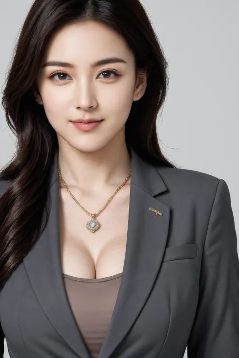 1girl, solo, realistic, photorealistic, jewelry, realistic, (large breasts:1.2), necklace, (smirk:0.3), long hair, looking at viewer, brown eyes, jacket, simple background, grey background, upper body, formal, suit, black hair, brown hair, shirt, jacket, c...