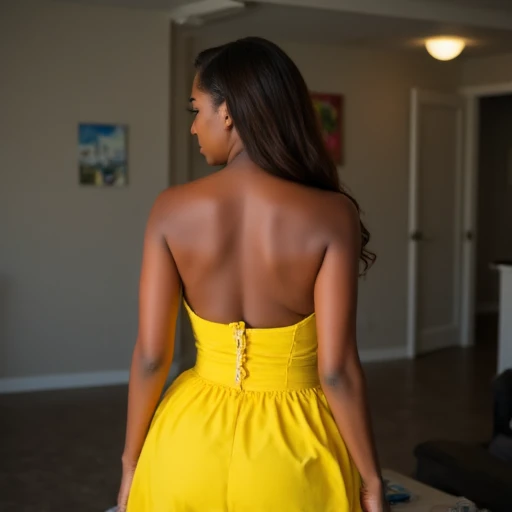 surprise look, wearing yellow dress, , view from behind, oblong face type, angry look