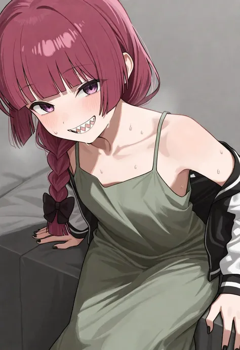 masterpiece, best quality, 32k, high resolution, absurdres, hiroi kikuri, black nails, bare shoulders, collarbone, nail polish, sleeveless dress, teeth, sharp teeth, looking at viewer, long sleeves, low-braided long hair, sweat