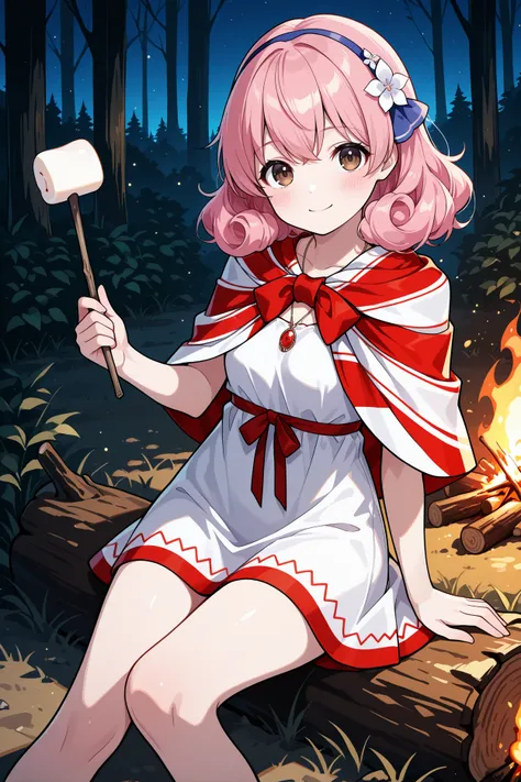 masterpiece, best quality, 1girl, solo,  <lora:fegenny-illu-nvwls-v1-000007:1> picgny, pink hair, curly hair, medium hair, brown eyes, hairband, pendant, hair flower, striped capelet, white and red capelet, white dress, short dress, sleeveless dress, red s...