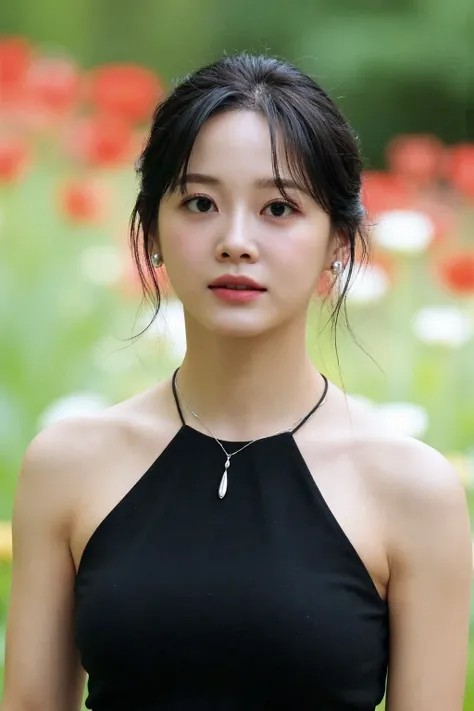 (medium full shot), beautiful asian girl  wearing black halter dress, flower garden in the background, blurry bokeh background, necklace, dslr, soft lighting, high quality, light reflections, blood vessels, pale skin, skin pores,blood vessels in sclera, de...