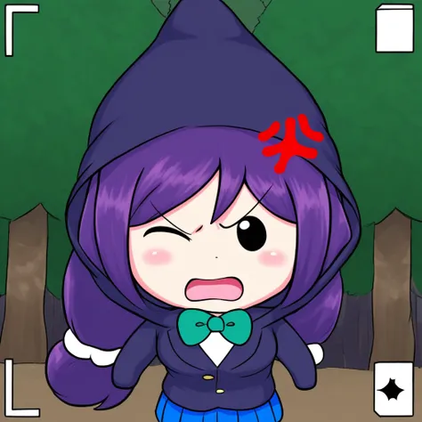 solo, scrunchie, blush, cute, stockings, hat, jacket, hoodie, smol nozomi, skirt, short, card, shortstack, blazer, pantyhose, green bowtie, anger vein, tree, simple face, blue skirt, 1girl, nintendo ds, one eye closed, white undershirt, open mouth, navy bl...