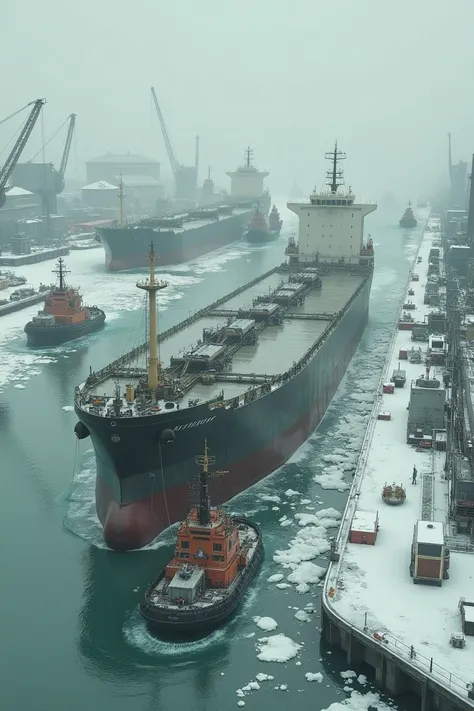 Large cargo ships (detailed hull:1.2), and tugboats (detailed hull:1.2) in a harbor, surrounded by industrial structures, ice floes, and a muted, overcast sky. Dark-colored ships (dark greyish-black:1.2),  tugboats (reddish-orange:1.1) ,  Industrial cranes...