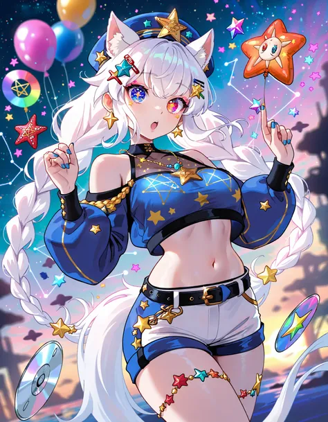 Snegovski, 1girl, animal ears, balloon, bare shoulders, belt, blue nails, braid, cd, constellation, crop top, hair ornament, hairclip, heterochromia, hexagram, jewelry, long hair, long sleeves, looking at viewer, midriff, nail polish, navel, open mouth, pe...