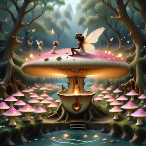 1girl, eyelashes, fairy, curly hair, magical garden, bathing, flowing stream, tree, ancient cavern, candle, silhouette, wings, epic fairy, multiple wings, blurry background, translucent, closed mouth, fine texture, lake, flock, giant mushroom, glowing fire...