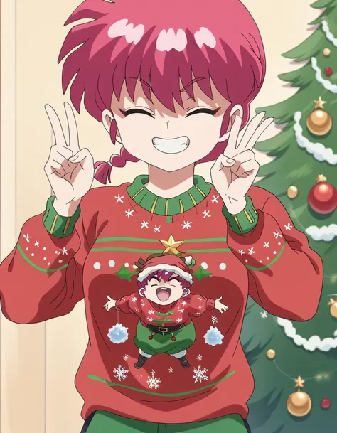 score_9, score_8_up, score_7_up, source_anime, <lora:ranma-saotome-s1-ponyxl-lora-nochekaiser:1>, ranma saotome, braid, red hair, single braid, braided ponytail, red eyes, medium breasts, anime screencap,, <lora:christmas-sweater-ponyxl-lora-nochekaiser:1>...