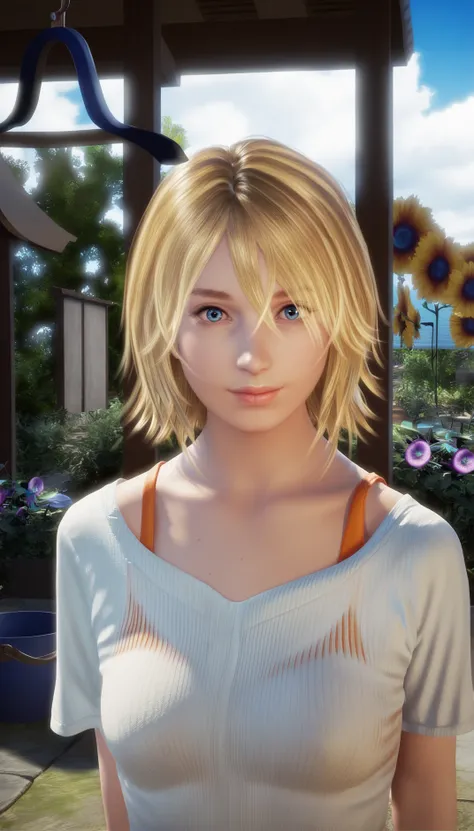 score_9,score_8_up,score_7_up,
<lora:allisonsnow:0.9>,allisonsnow,realistic,
1girl,solo,blonde hair,short hair,blue eyes,looking at viewer,white shirt,orange tank top underneath,portrait,medium shot,outdoors,soft lighting,summer,blue sky,cloud,courtyard,bu...