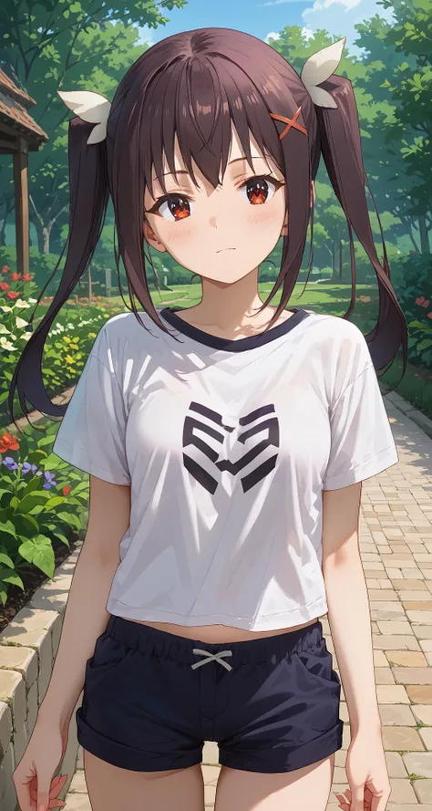 score_9, score_8_up, score_7_up, masterpiece, absurdres, source_anime,
1girl, solo, perfect_anatomy, rating_questionable,

konosuba_funifura, twintails, bangs, red eyes, hair ornament, hairpin, medium breast,
t-shirt, white tshirt, shorts, black shorts, mi...