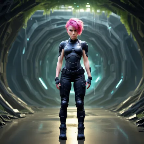 arms at sides, wet, android, halo, torn clothes, skirt, tree, pink hair, black pants