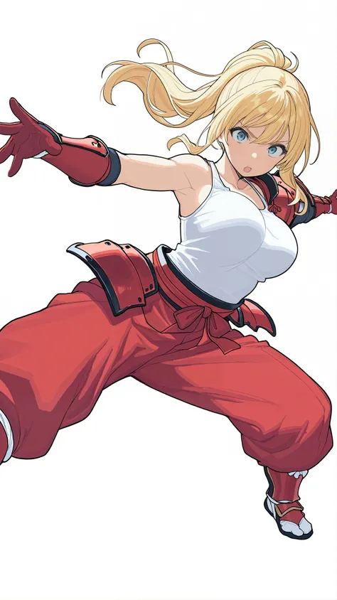 masterpiece, best quality, amazing quality,  <lora:NariTesh - Illustrious_epoch_11:0.8>, Naritesh, dynamic pose, outstretched arms, long hair, blonde hair, ponytail, blue eyes, white tank top, red (samurai armor), red gloves, pants, large breasts, white ba...