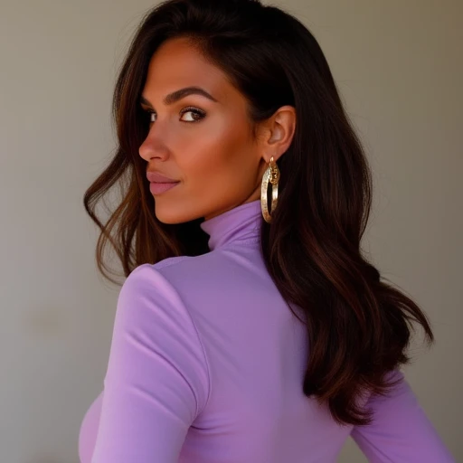 facing away from the camera. The woman is wearing a light purple, gold hoop earrings., likely of Mediterranean descent, wavy brown hair that cascades down her shoulders. She has a confident and serene expression, sultry look. She is a Caucasian woman with ...