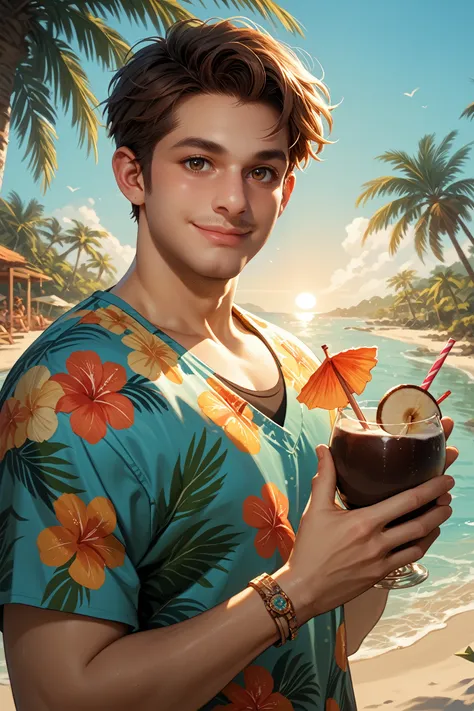 score_9, score_8_up, score_7_up, score_6_up
<lora:QuarryJacob:0.8>
QuarryJacob, 1boy, brown hair, brown eyes, short hair, looking at viewer, wearing a Hawaiian shirt, smiling, holding a coconut drink, vibrant sunset, palm trees swaying in the breeze, tropi...