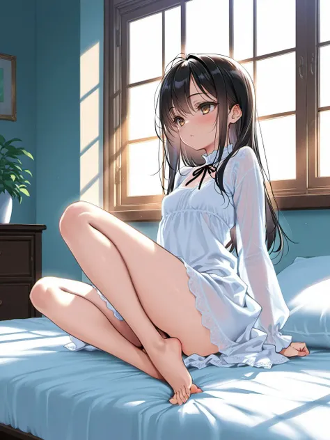 masterpiece, best quality, amazing quality, very aesthetic, high resolution,
ch0c0, 1girl, solo, long hair, sitting, barefoot, dress, indoors, window, sunlight, light rays, white dress,
<lora:choco_style_v1_illustrious_epoch_7:0.9>,