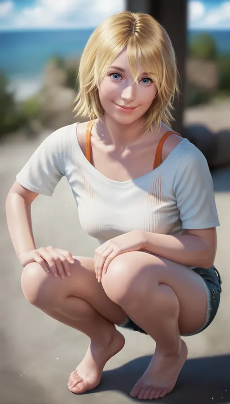 score_9,score_8_up,score_7_up,
<lora:allisonsnow:0.9>,allisonsnow,realistic,
1girl,solo,
blonde hair,short hair,
blue eyes,looking at viewer,
smile,
white shirt,orange tank top underneath,blue denim shorts,
squatting,barefoot,from above,face focus,
blurry ...