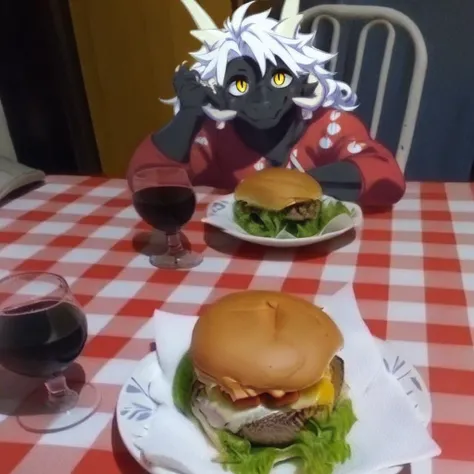 score_9, score_8, mikus-concept, dinner, burger, wine, table, upper body, chair, furry, black fur, dragon, white hair, white horns, yellow eyes