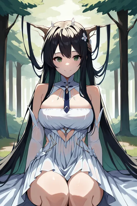 masterpiece, best quality, anime, 2d, 1girl, green eyes,  antlers, white elbow gloves, hair on antlers, white dress, clothing cutout, necktie, <lora:IndomitableILSTCAMEq2v1 AL:1>, abstract, absurdres, incredibly absurdres, happy, forest, outdoors, establis...