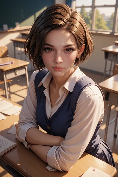 score_9, score_8_up, score_7_up, score_6_up
<lora:RE3Jill:0.8>
RE3Jill, 1girl, brown hair, short hair, brown eyes, looking at viewer, in classroom, school uniform, leaning against desk