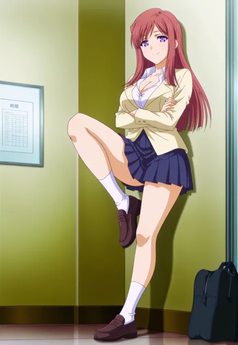 safe_pos, kanazakisayaka, sayaka, 1girl,solo, long hair, purple eyes, red hair, large breasts, school uniform, cleavage, yellow jacket, white shirt, pleated skirt, blue skirt, white socks, brown mary jane, mary jane shoes, bag,

indoors, school, gray walls...