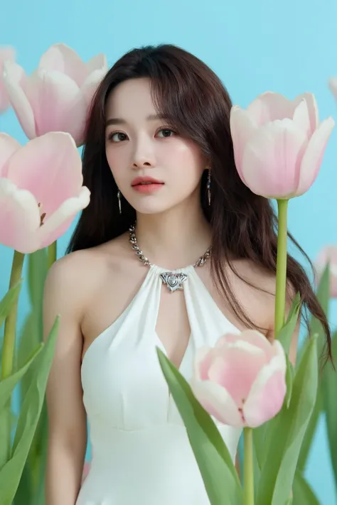 The image showcases a young woman with long wavy hair wearing necklace and earrings with pale skin and makeup. She is positioned against a light blue background, which is filled with large tulip flowers. The flowers dominate the composition, adding a drama...