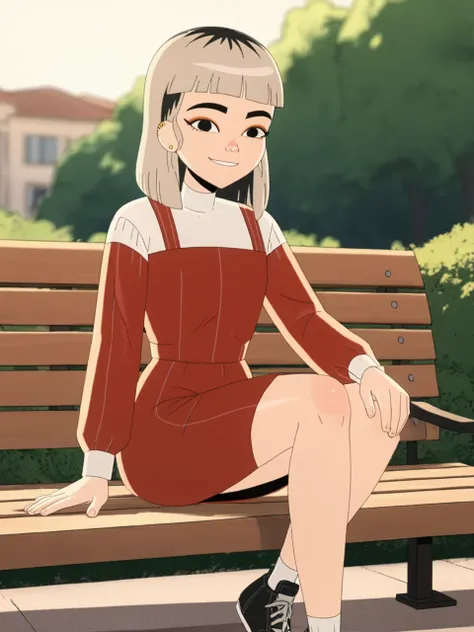 score_9, score_8_up, score_7_up, BREAK, J3ntryCh4u, 1girl, solo, multicolored hair, black eyes, blunt bangs, white shirt, long sleeves, red dress, black footwear, bench, sitting on bench, in the park, smile, looking at viewer,  <lora:Jentry_Chau-000008:1>