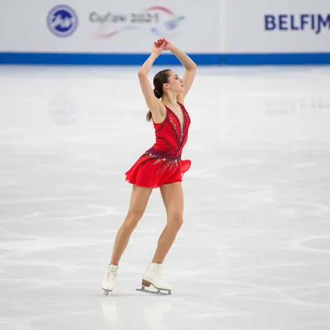 The image is a photograph of a female figure skater performing on an ice rink. She is elegantly gliding across the ice, her body poised in a dynamic, graceful pose. She is wearing a striking, form-fitting red dress adorned with intricate, sparkling embelli...