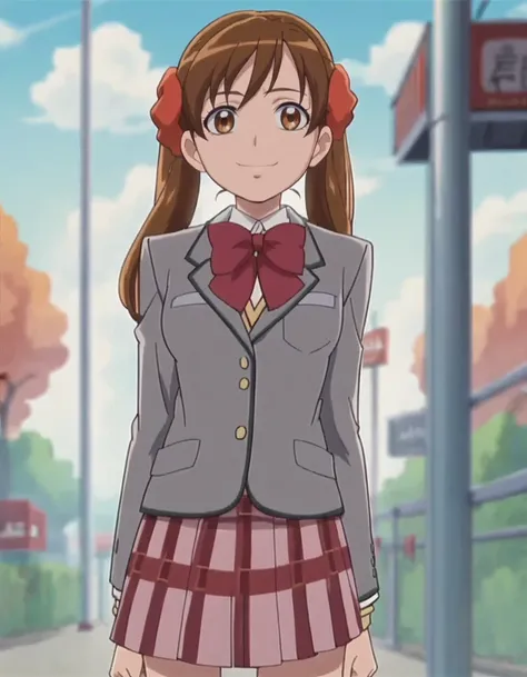 score_9, score_8_up, score_7_up,anime screencap,1girl,solo,sakagamiayumi, skirt, school uniform, bow, jacket, blazer, looking at viewer,smile, bowtie, plaid skirt, ribbon medium breasts,<lora:sakagamiayumi:0.8>