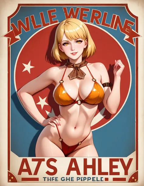 Masterpiece, high-res, 2k, best quality, 1girl, Ashley Graham,  pinup_style, propaganda poster , ww2,  skimpy outfit, <lora:Pinup illus-000040:1>