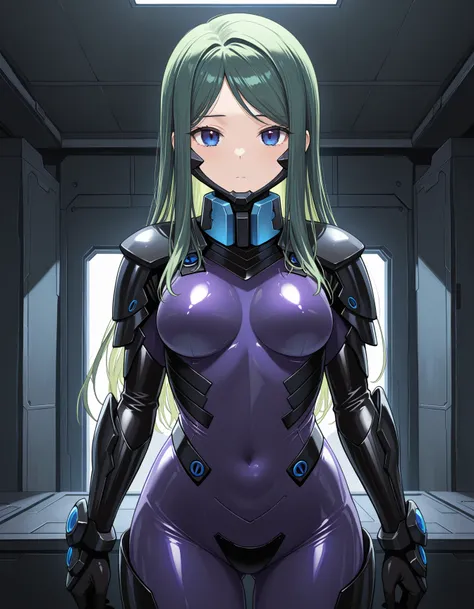 1girl, solo, kazama touko, green hair, long hair, parted bangs, blue eyes, fortified suit, purple bodysuit, black armored bodysuit, standing, cowboy shot, indoors, military base, dark theme, masterpiece, best quality, very aesthetic <lora:kazama_touko_illu...