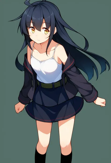 score_9, score_8, score_7, source_anime, mikazuki (kancolle), serafuku, standing, socks, kneehighs, black socks, belt, black skirt, collarbone