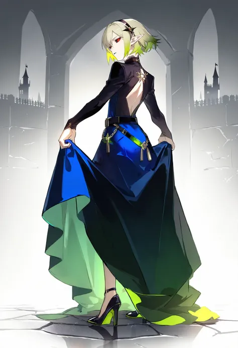 solo, 1femboy, flat chest, pointed ears, small eyes, black sclera, red eyes, bob hair, ((blonde hair), green hair, gradient hair), skinny,
dress, hair ornament, hairband, full body, blue dress, high heels, black footwear, belt, shoes, long sleeves, grey ba...