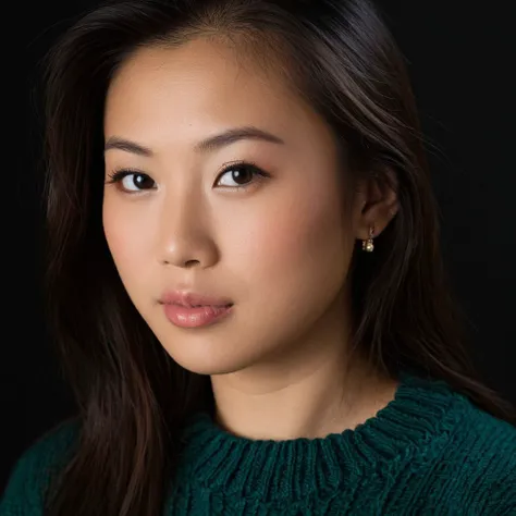 Portrait Photo of a asian woman, wearing a sweater,  dark background