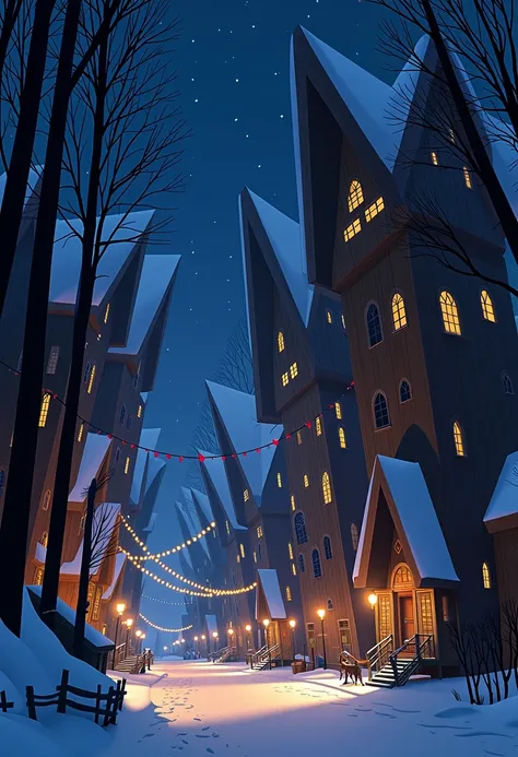 kls_style illustration, a Norwegian town during Christmas, night time in winter, Christmas lights and adornments, weird wooden architecture, tall buildings with protruding expansions