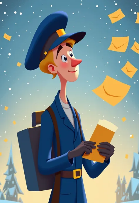 kls_style illustration, thin young postman dressed in blue with a big round hat, dark blonde hair, letters to Santa are flying through the air, detailed animation still