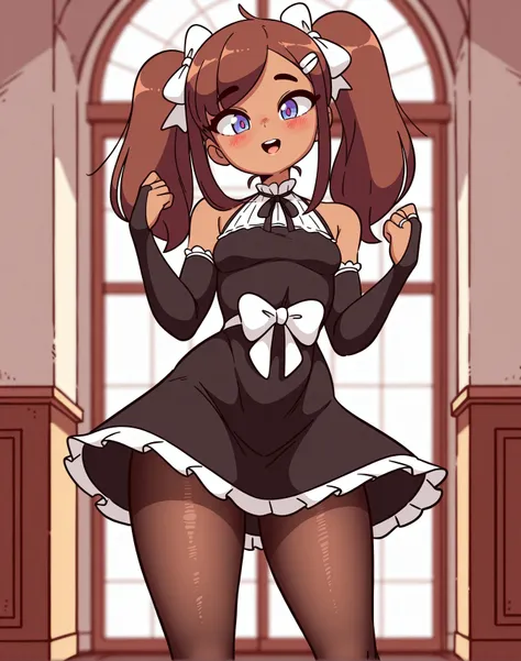 <lora:_diives_NAIXL-000020:1.1> art by diives, best quality, masterpiece, uncensored, source_anime, 1girl, twintails, solo, dress, pantyhose, long hair, jewelry, bridal gauntlets, black dress, ring, purple eyes, looking at viewer, bare shoulders, blush, ri...