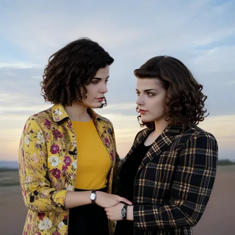 mke, yellow shirt, lips, black dress, wristwatch, plaid jacket, 2girls, medium hair, curly hair, holding, floral print, sky