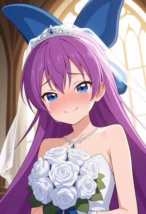 best quality, masterpiece, humanluea, 1girl, solo, purple hair, blue eyes, long hair, butterfly hair ornament, church, wedding dress, wedding veil, bouquet, blush, deep blush, nose blush, happy, smile, crying, tears,