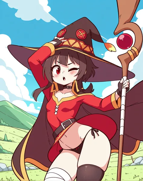 <lora:_diives_NAIXL:1> art by diives, best quality, masterpiece, uncensored, source_anime, single girl who a witch or magician. She has striking red eyes and short dark hair with bangs that cover her forehead, except for one side where its swept back. Shes...