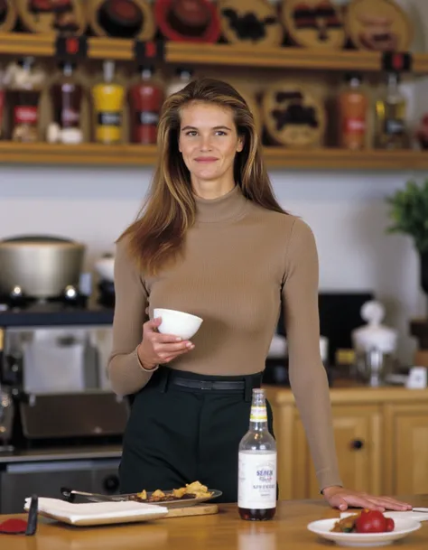 <lora:elle_macpherson_512_dev_f1_k:1>wearing a designer turtle neck sweater, Photo of a beautiful woman standing behind a bustling coffee shop counter, looking directly at the camera with a confident expression, glass of freshly brewed coffee in hand, colo...