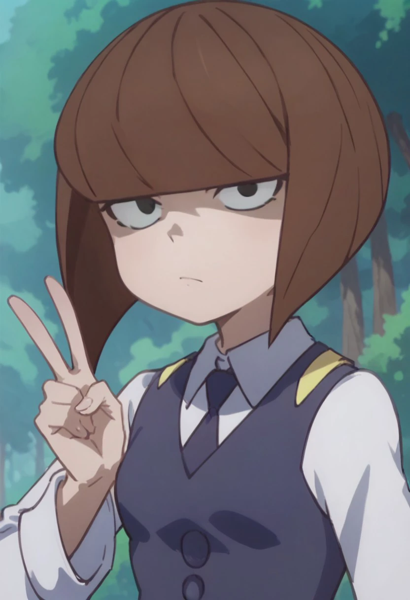 score_9, score_8_up, score_7_up, source anime, anime screencap, solo,1girl, Kimberly, looking at viewer,  very small breasts,  peace sign, closed mouth, black eyes, luna nova school uniform, upper body, short hair, brown hair, bob cut