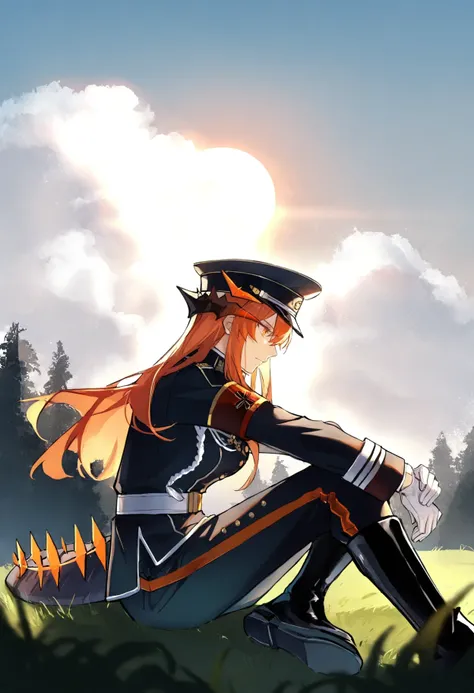 1girl, solo, dragon tail, dragon horns, long hair, orange eyes,
hat, military, military uniform, black pants, white gloves, sitting on grass, black footwear, peaked cap,
sun, cloud, grass, trees,
side view,
 <lora:lmia4IL-style:1>, llmia4,
